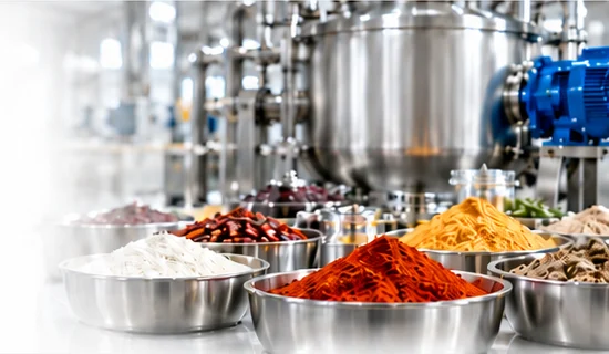 Ingredient samples beside stainless steel processing equipment